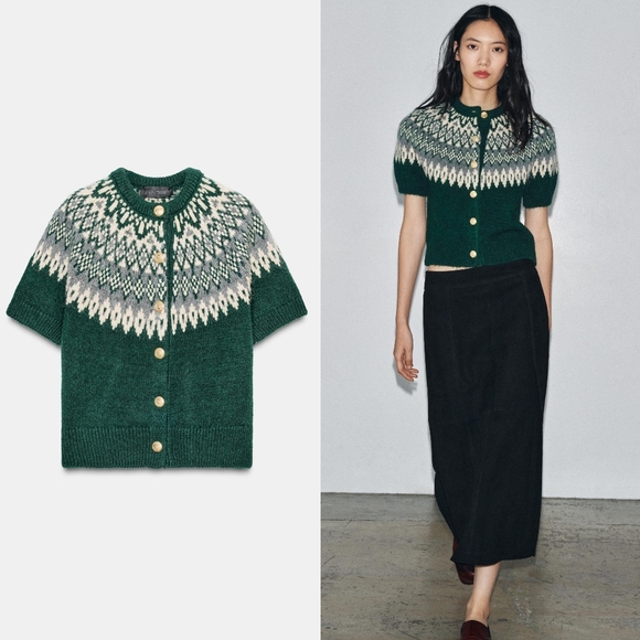 Zara Sweaters - New Zara Short Sleeve Jacquard Knit Cardigan 6427/125
